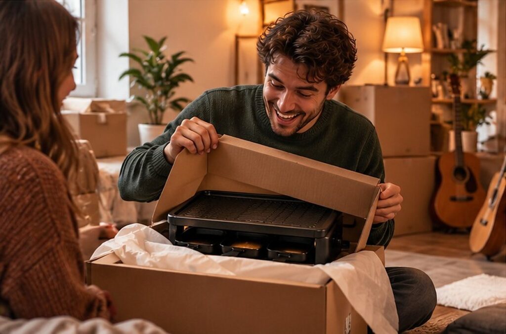 Jeune homme déballant un appareil à raclette dans son nouvel appartement