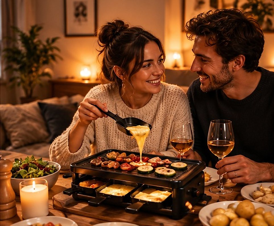 Couple souriant partageant une raclette à deux à la lueur des bougies